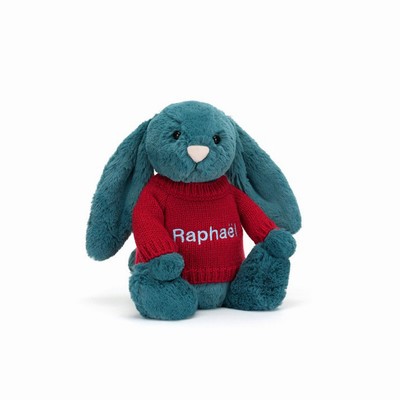 Jellycat Bashful Mineral Blue Bunny with Red Jumper New Zealand | VAKUL0752